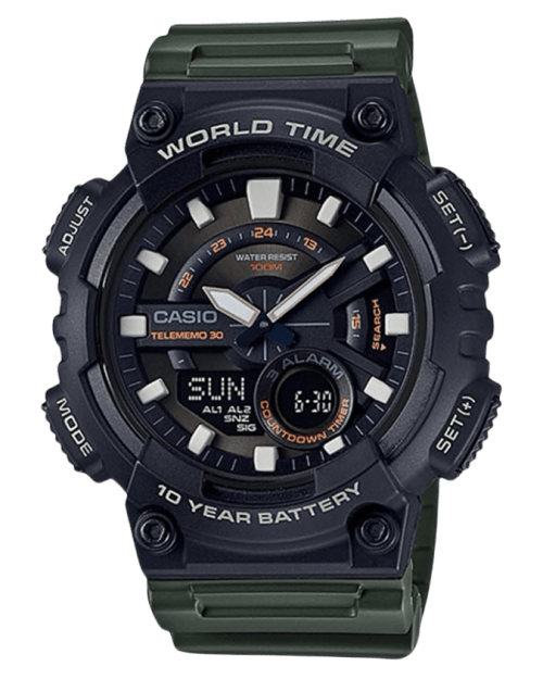 Rugged Casio AEQ-110W-3AVDF analog-digital watch with green resin strap