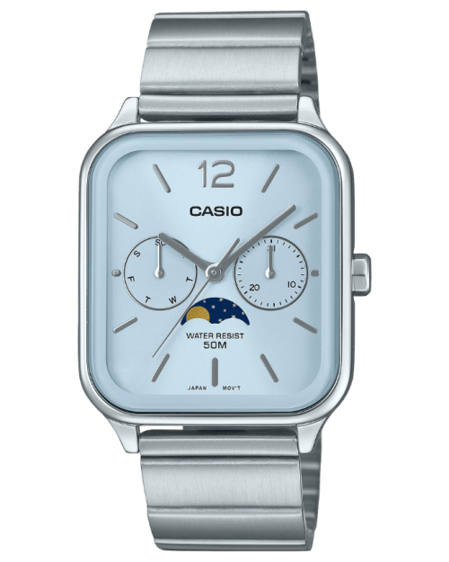 Casio MTP-M305D-2AVDF front view showing blue dial and stainless steel bracelet