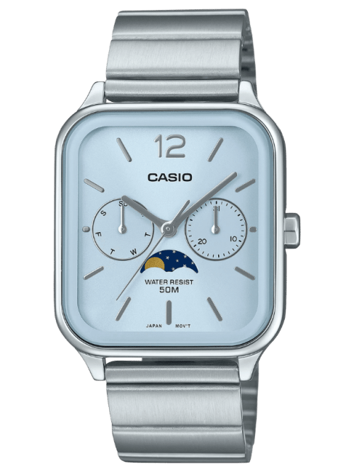 Casio MTP-M305D-2AVDF front view showing blue dial and stainless steel bracelet