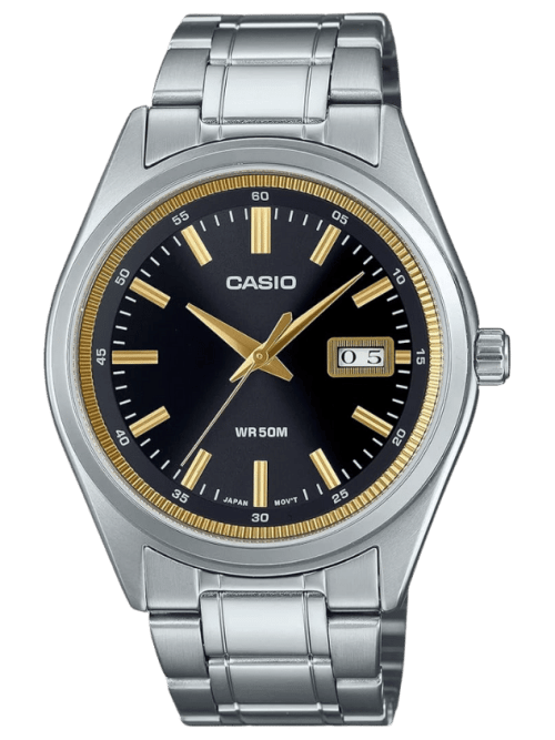 Casio MTP-B180D-1A2VDF front view showcasing black dial with blue accents