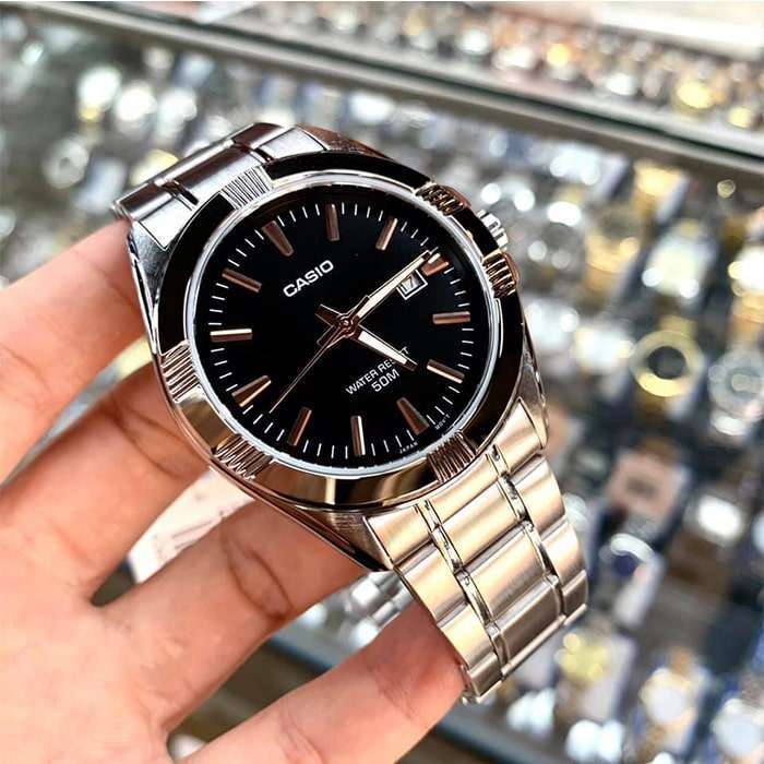 Close-Up of Black Dial with Rose Gold Accents on Casio LTP-1308D-1A2VDF