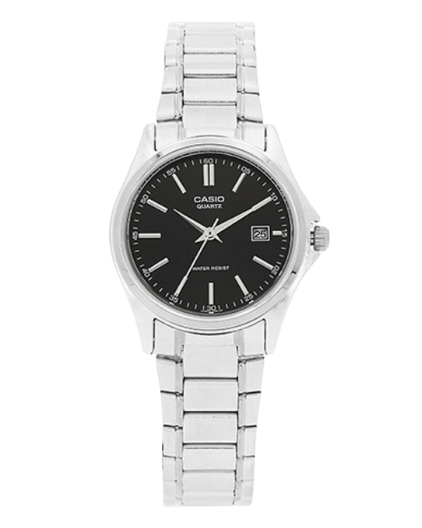 Casio LTP-1183A-1ADF Elegant Silver Ladies Watch with Black Dial