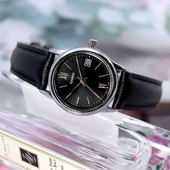 Side View of Casio LTP-V002L-1B3UDF with Black Leather Strap