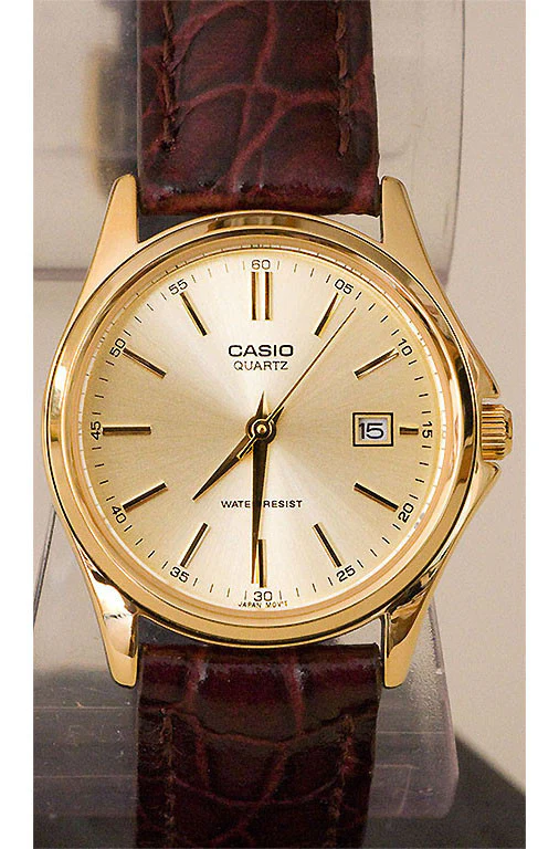 Side view of Casio LTP-1183Q-9ADF with black leather strap