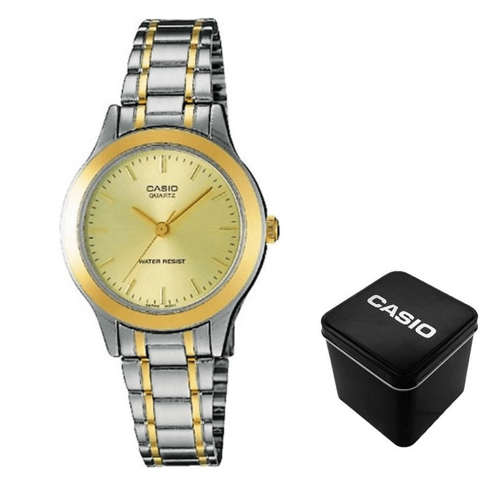 Gold and silver Casio women’s wristwatch with champagne dial