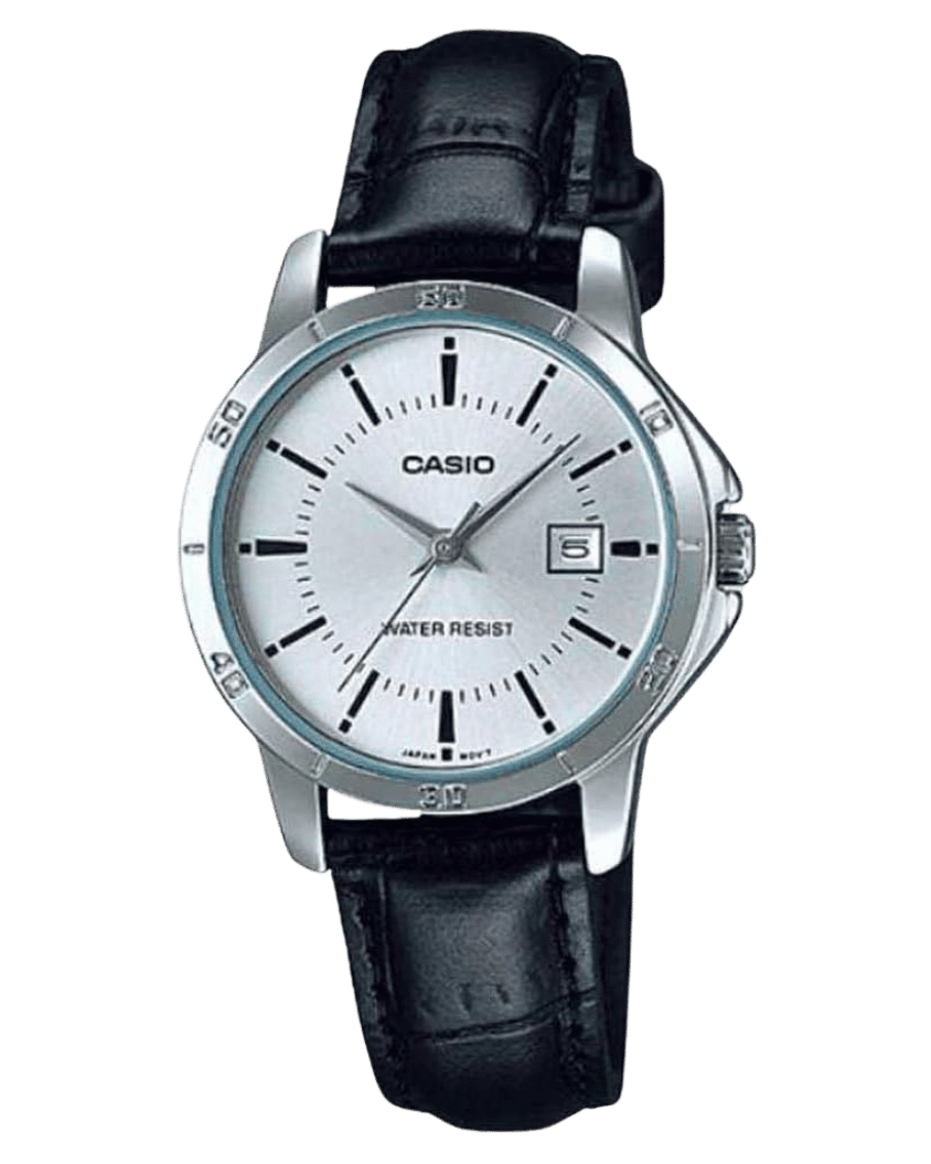 Casio LTP-V004L-7AUDF women’s white dial watch with leather strap