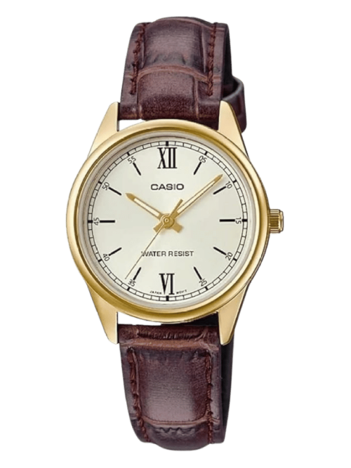 Casio LTP-V005GL-9BUDF with golden dial and black leather strap