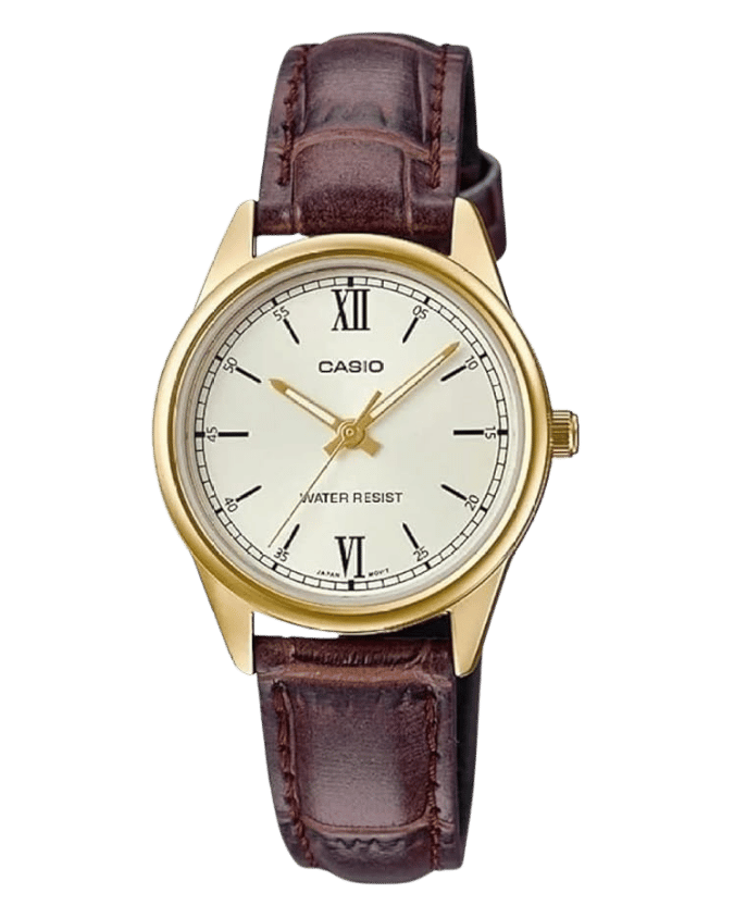 Casio LTP-V005GL-9BUDF with golden dial and black leather strap