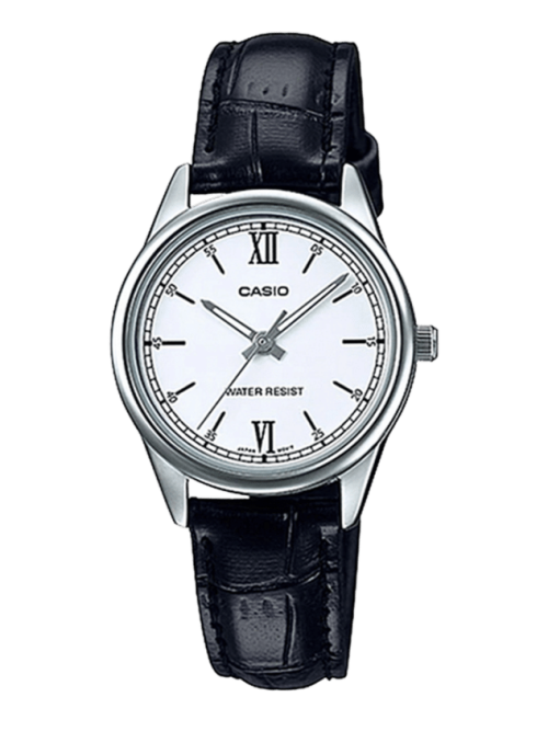 Casio LTP-V005L-7B2UDF with white dial and black leather strap