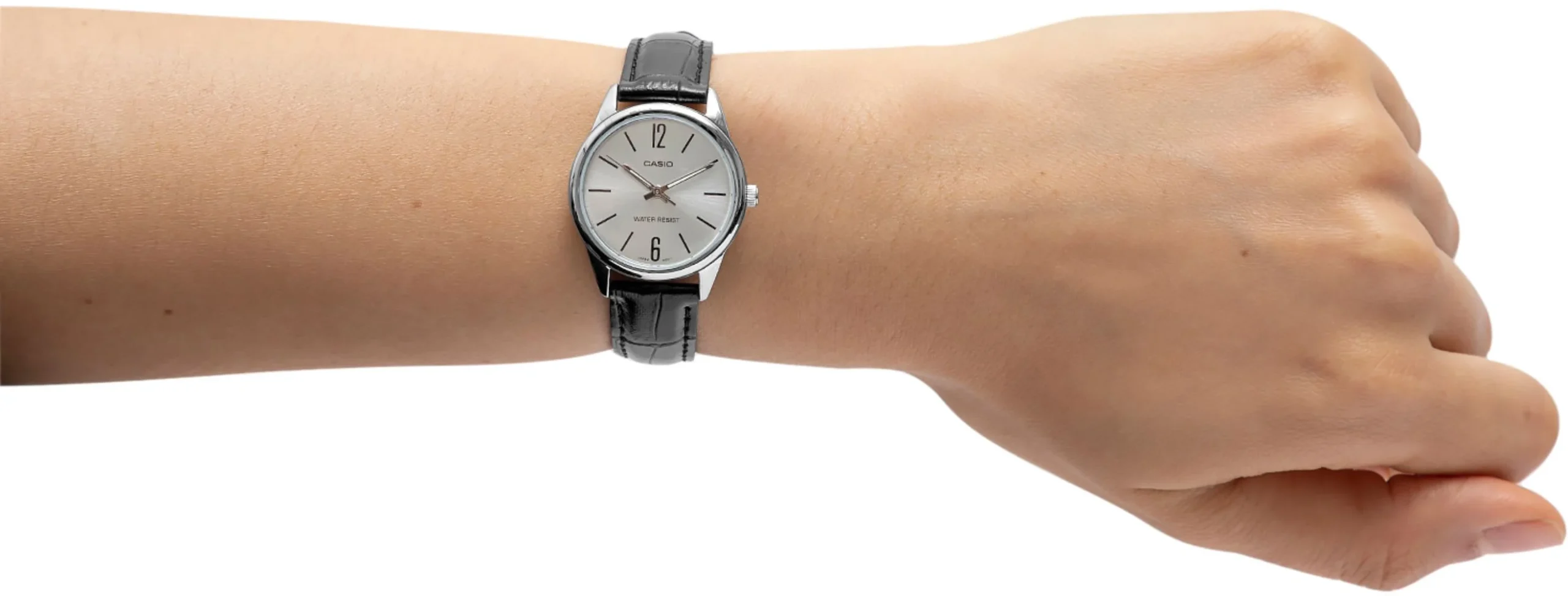 Side view of Casio LTP-V005L-7B2UDF in silver case