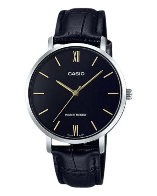Casio LTP-VT01L-1BUDF black dial ladies watch with leather strap
