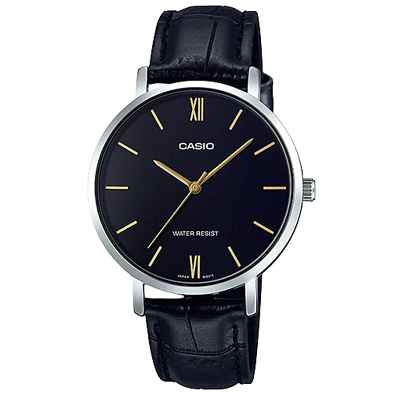 Casio Ladies Watch with a black dial and brown leather strap