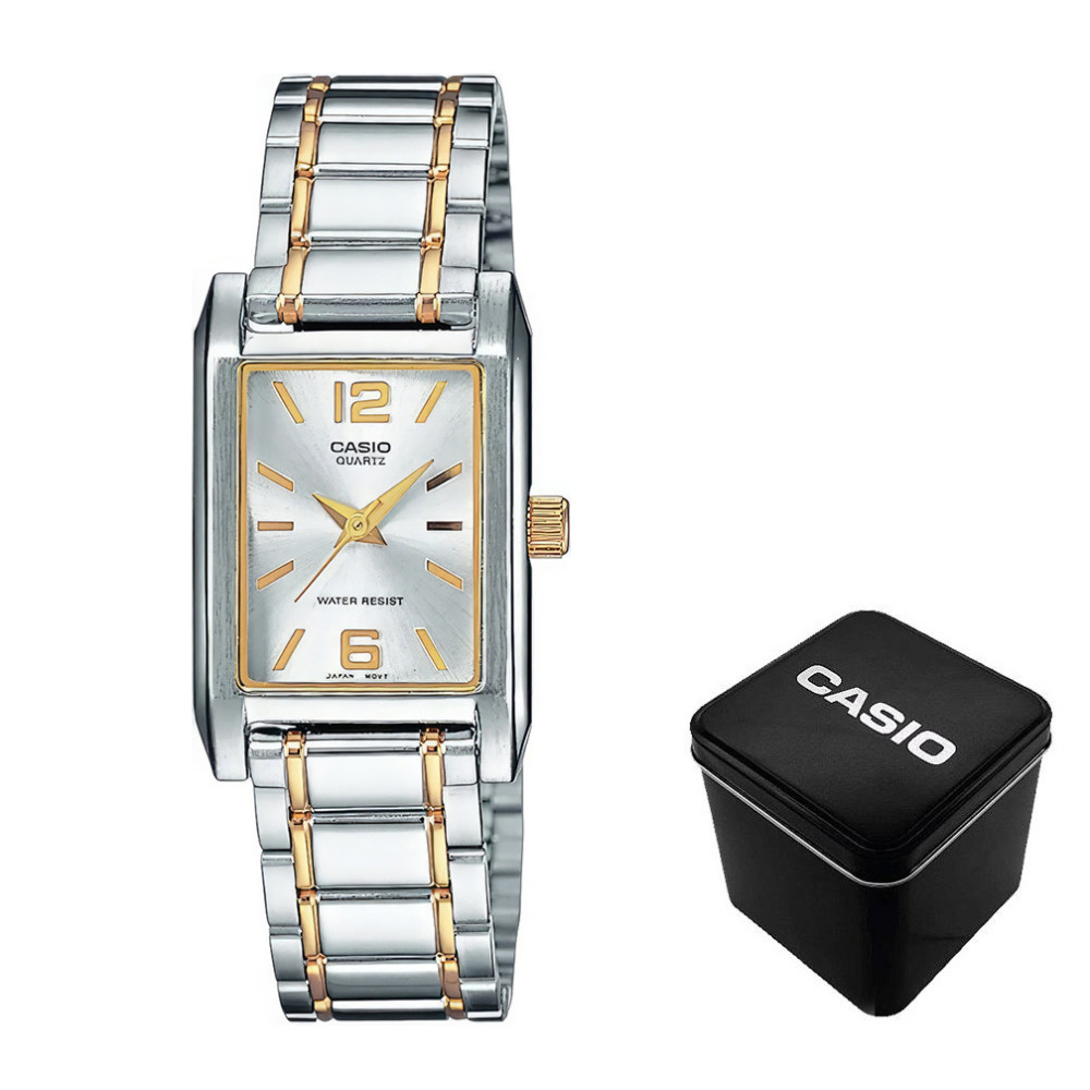 Close-up of Casio rectangular dial with gold-tone hands