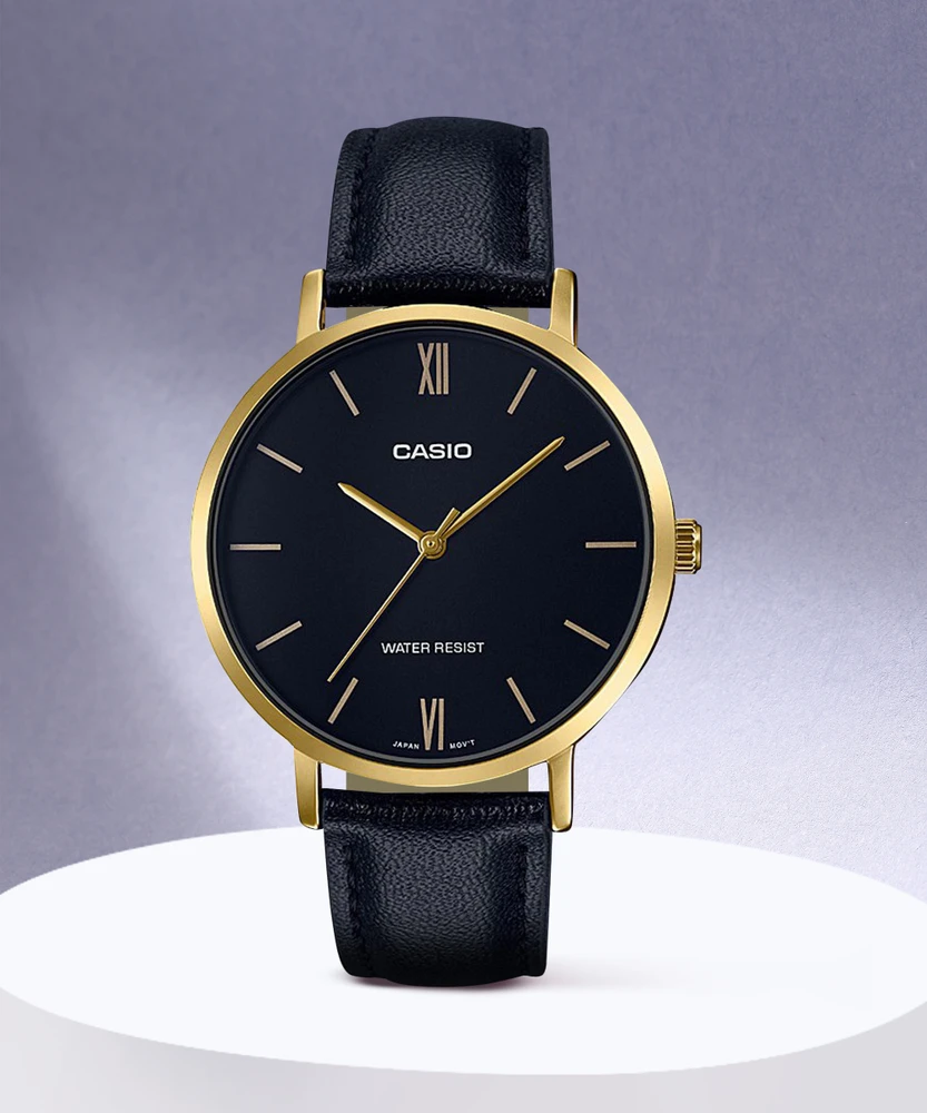 Minimalist black dial close-up on Casio LTP-VT01GL-1BUDF
