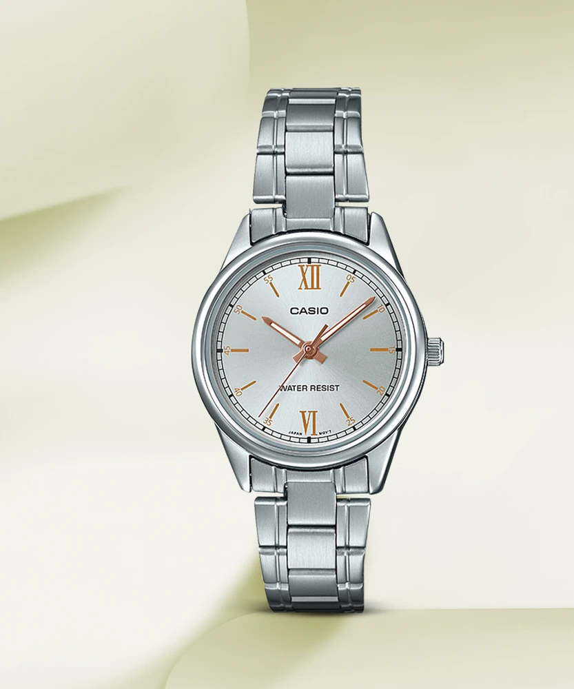 Elegant Casio women’s watch with rose gold hour markers