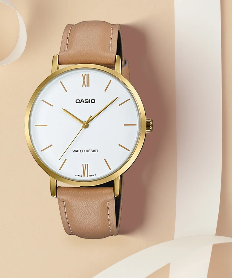 Close-up of minimalist dial on Casio LTP-VT01GL-7BUDF
