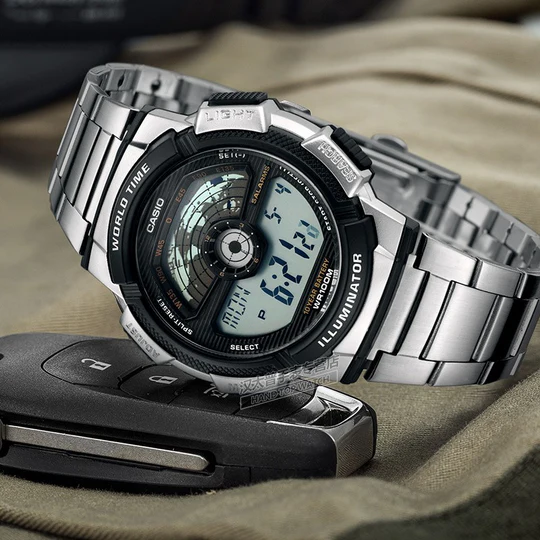 Back view of stainless steel band and fold clasp on Casio AE-1100WD