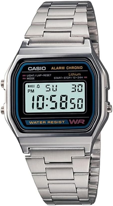LED-lit display on Casio A158WA-1DF with sleek silver band