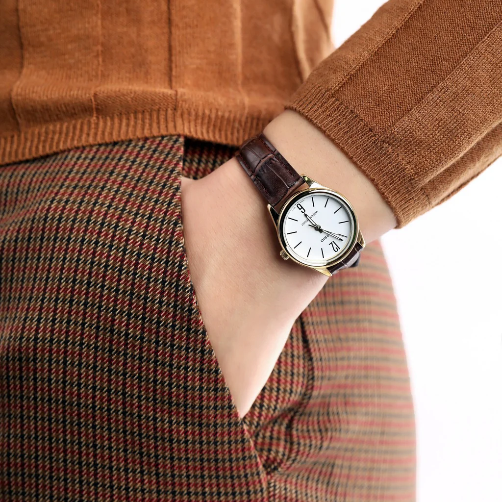 Side profile of Casio women’s watch with elegant slim design