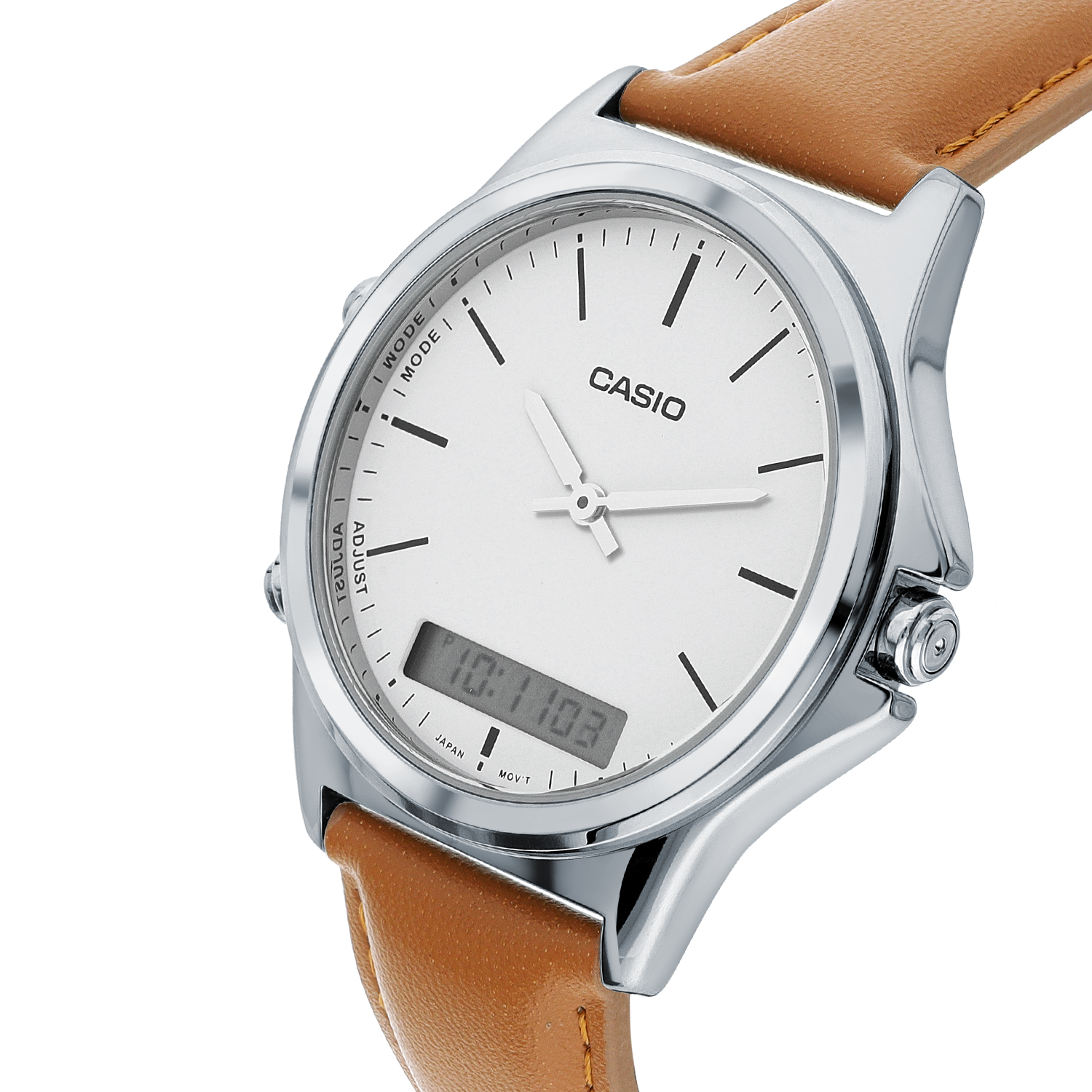 Side view of Casio hybrid watch with white dial and black strap