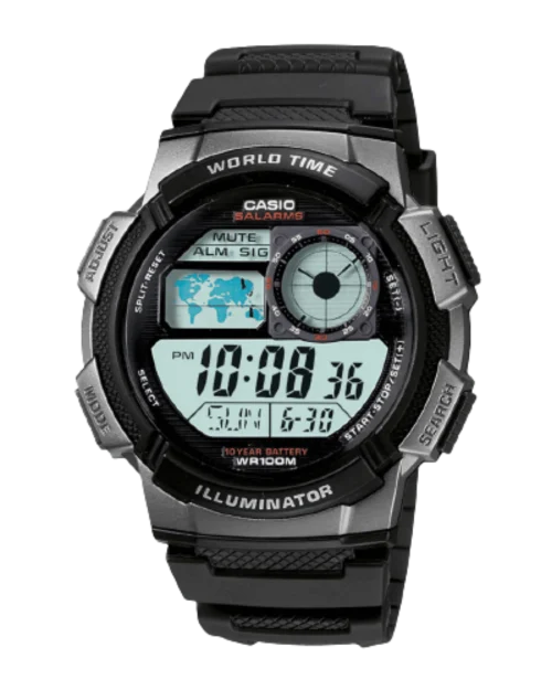 Front view of Casio AE-1000W-1BVDF digital watch with world time feature