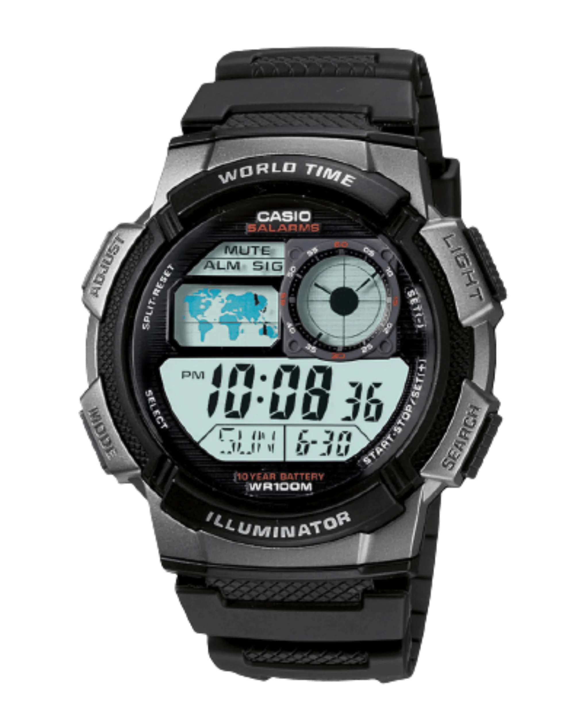 Front view of Casio AE-1000W-1BVDF digital watch with world time feature