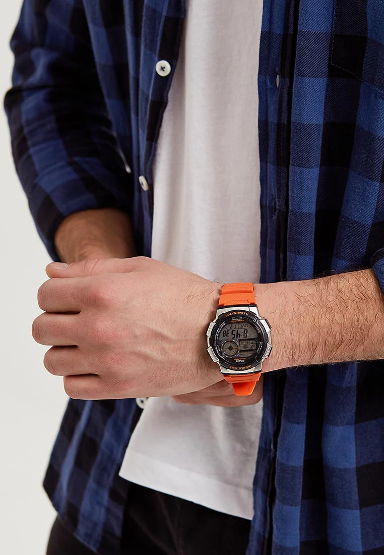Side angle of sporty Casio watch with rugged blue resin build