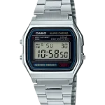 Casio A158WA-1DF retro digital watch with stainless steel strap