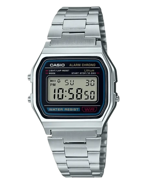 Casio A158WA-1DF retro digital watch with stainless steel strap