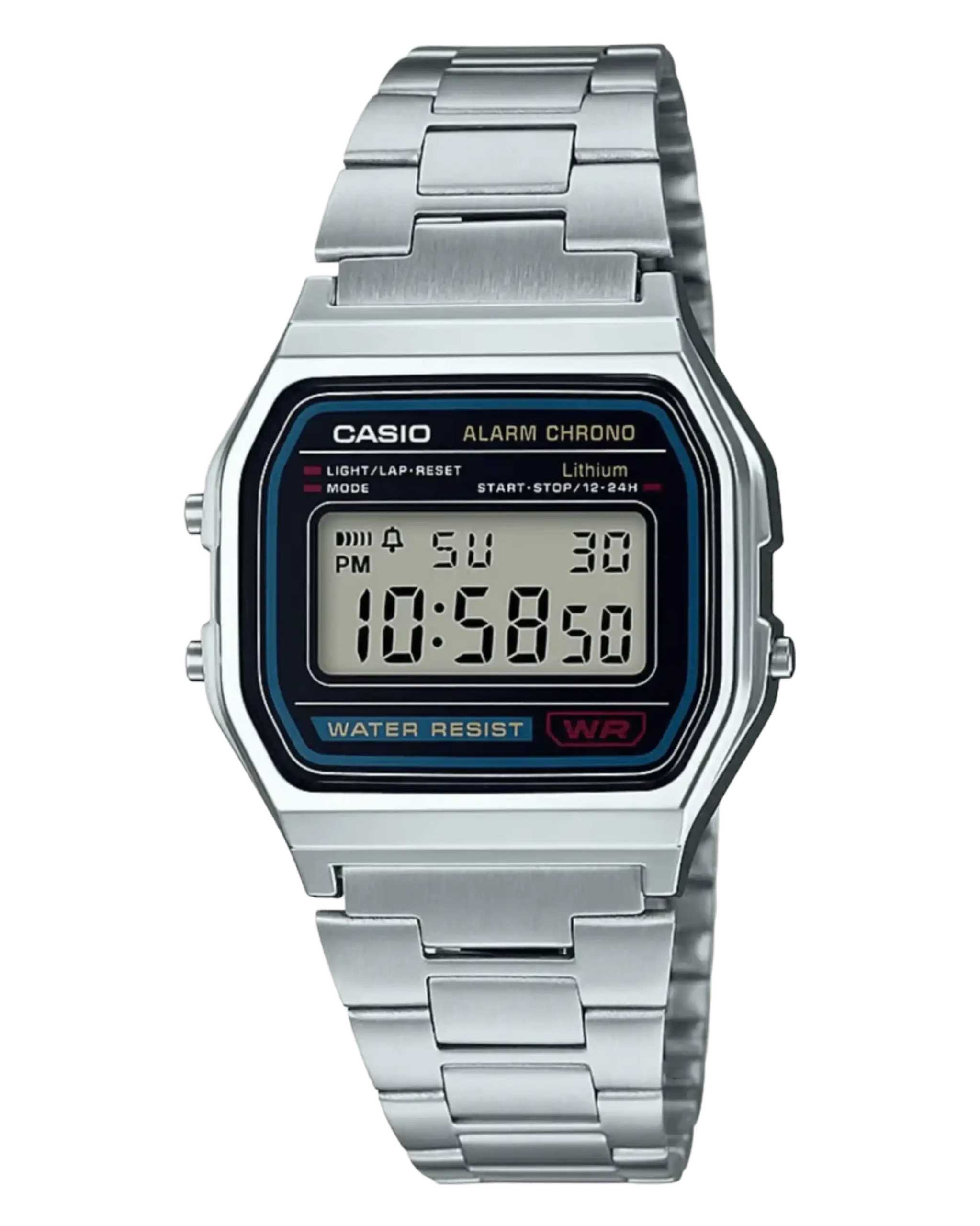 Casio A158WA-1DF retro digital watch with stainless steel strap