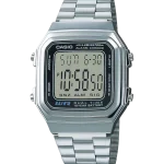 Casio A178WA-1ADF digital watch with square dial and silver band