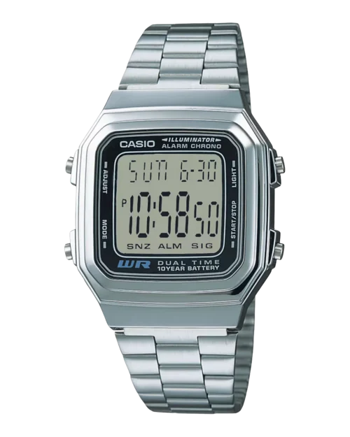 Casio A178WA-1ADF digital watch with square dial and silver band