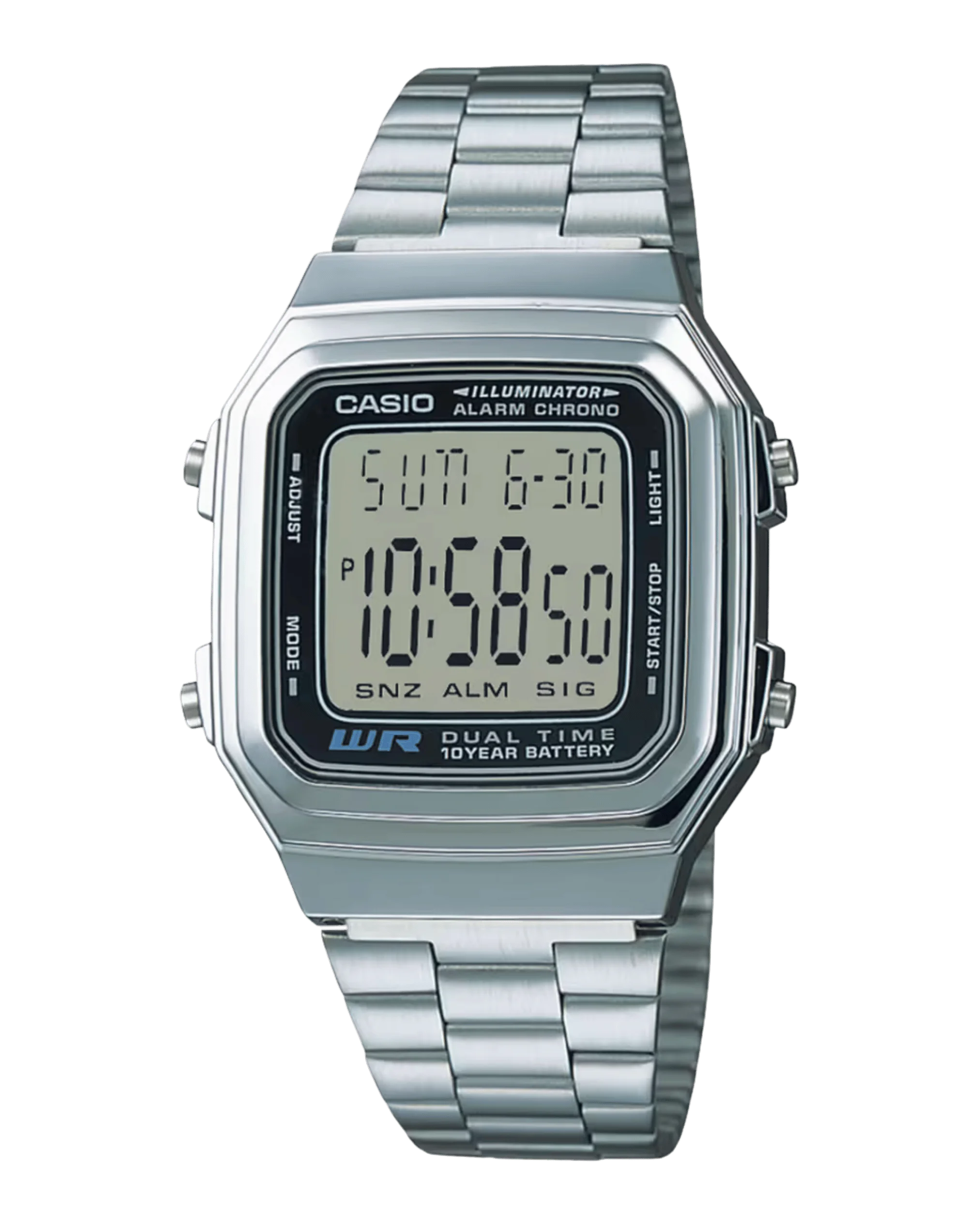 Casio A178WA-1ADF digital watch with square dial and silver band
