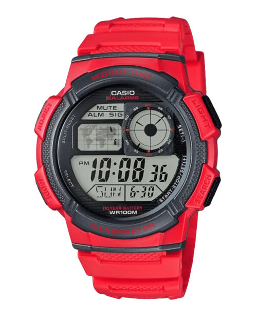 Casio AE-1000W-4AVDF with orange resin strap and world time digital display