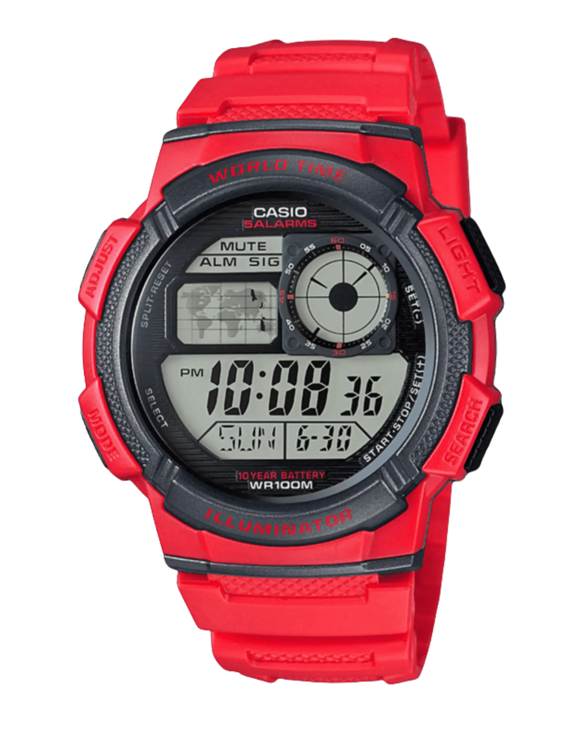 Casio AE-1000W-4AVDF with orange resin strap and world time digital display
