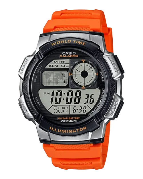 Casio AE-1000W-4BUDF with blue resin strap and digital world time display