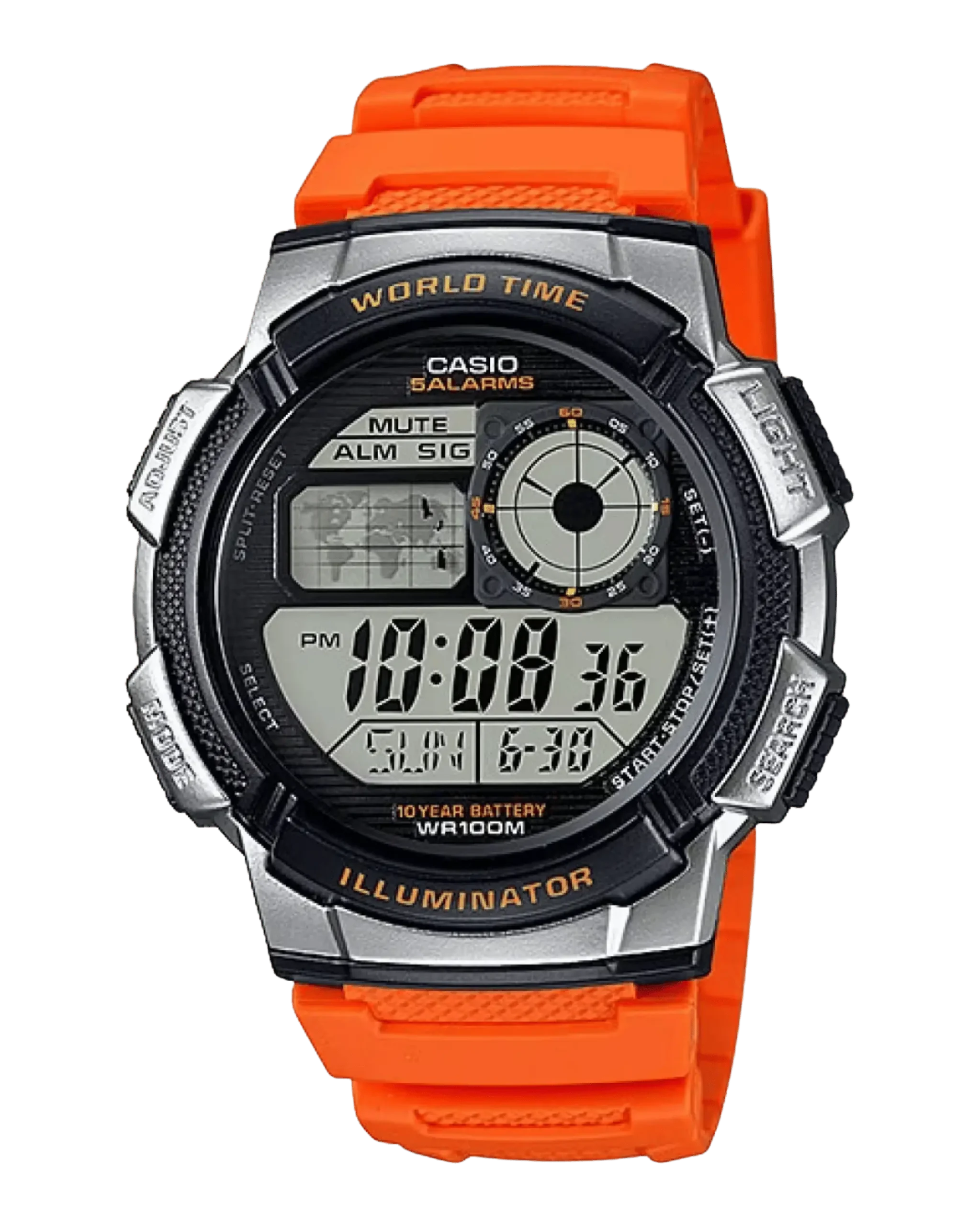 Casio AE-1000W-4BUDF with blue resin strap and digital world time display