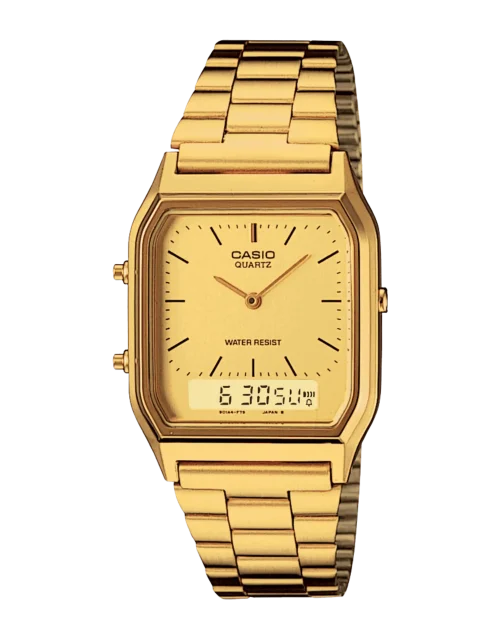 Casio AQ-230GA-9DMQ gold-tone men’s watch with analog and digital display