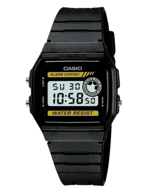 Casio F-94WA-9DG digital watch with yellow accents and resin strap