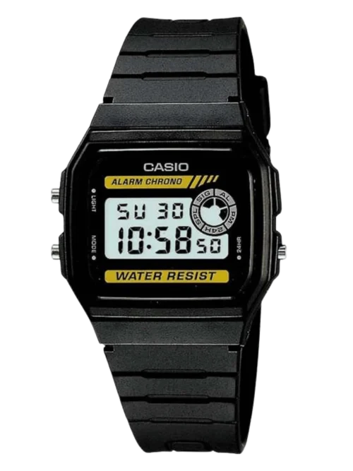 Casio F-94WA-9DG digital watch with yellow accents and resin strap