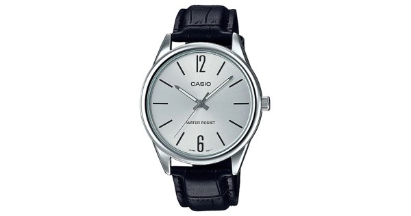 Side view of MTP-V005L-7BUDF with black leather strap