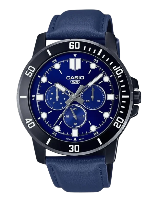 Casio MTP-VD300BL-2EUDF with navy dial and black leather strap