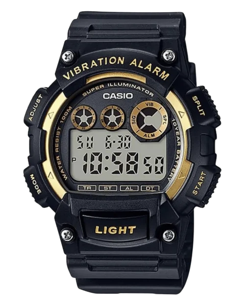 Casio W-735H-1A2VDF digital watch with black strap and green accents