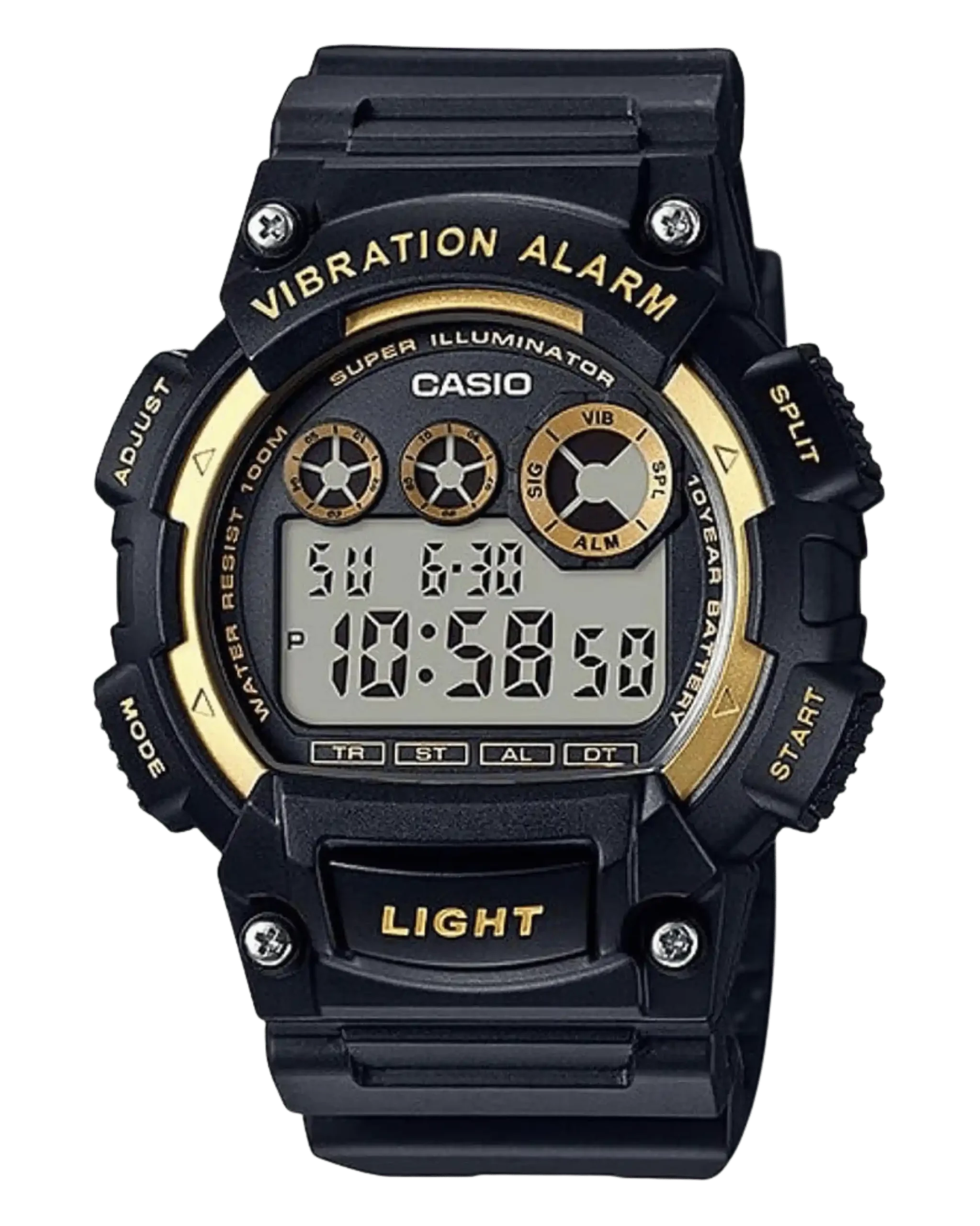 Casio W-735H-1A2VDF digital watch with black strap and green accents