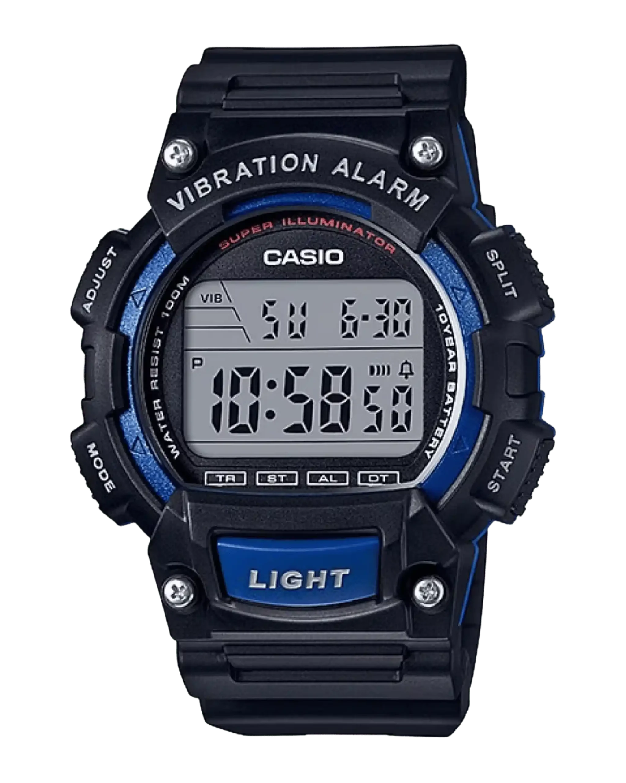 Casio W-736H-2AVDF blue digital watch with vibration alarm and rugged design