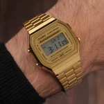 Close-up of gold-tone digital display on Casio A168WG-9WDF