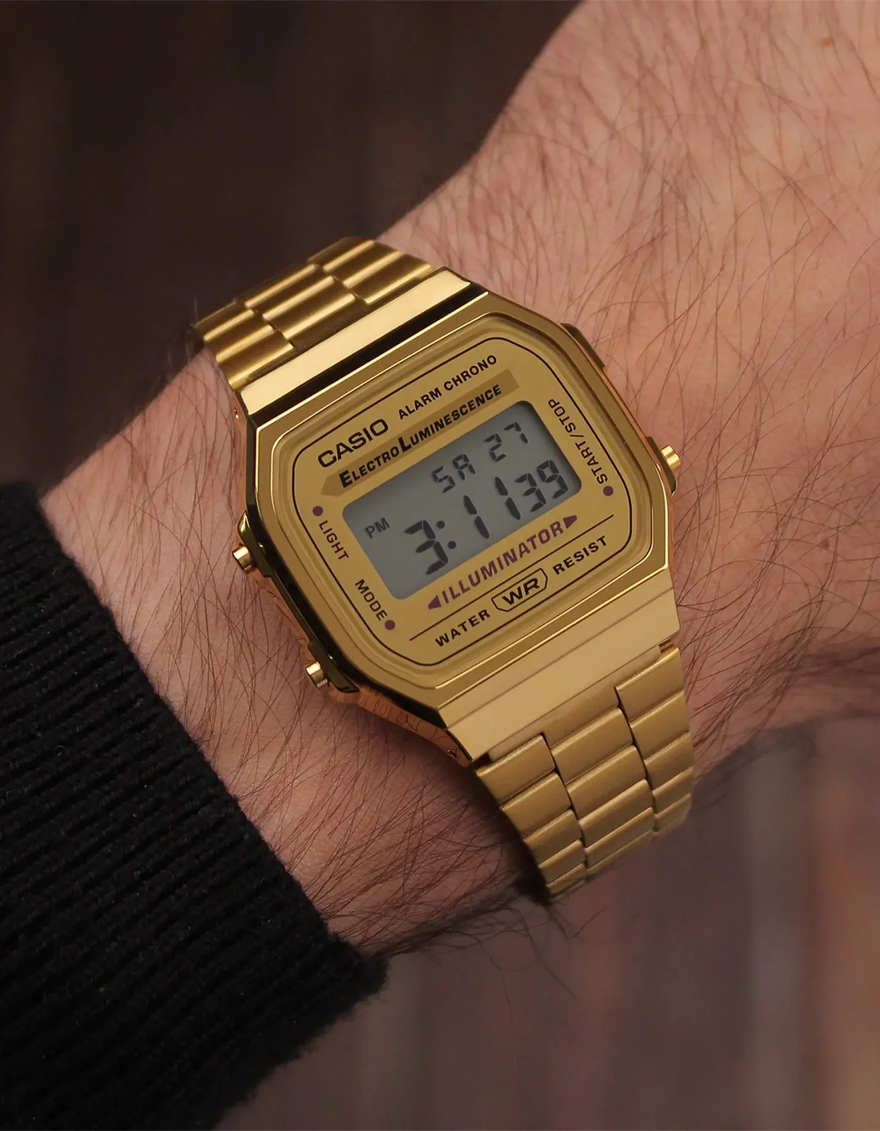 Close-up of gold-tone digital display on Casio A168WG-9WDF