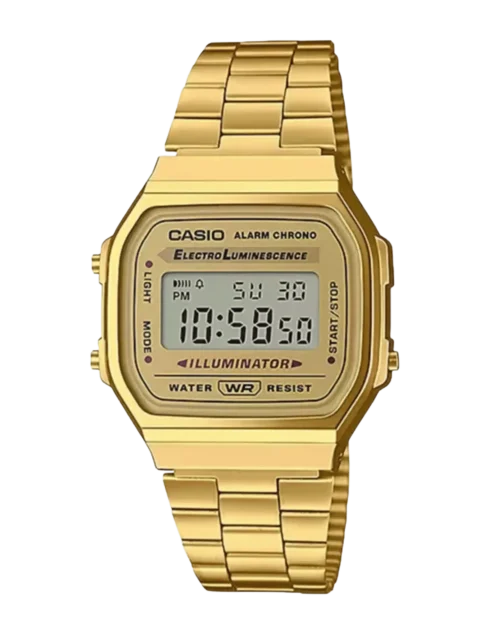 Casio A168WG-9WDF gold retro digital watch on stainless steel band