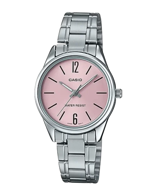 Casio LTP-V005D-4BVDF with silver strap and pink dial