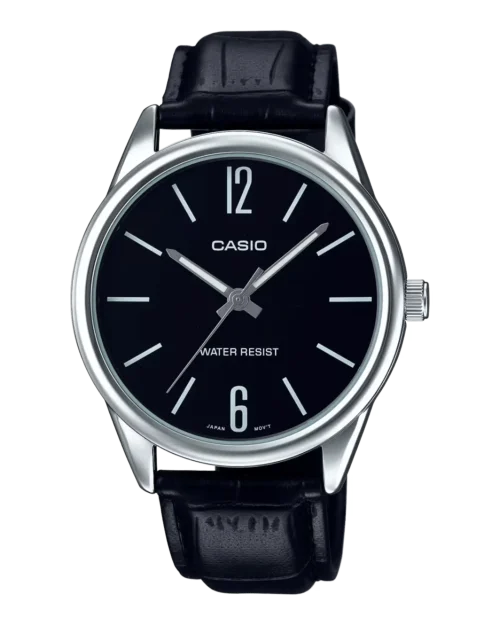Casio MTP-V005L-1BUDF black dial watch with leather strap